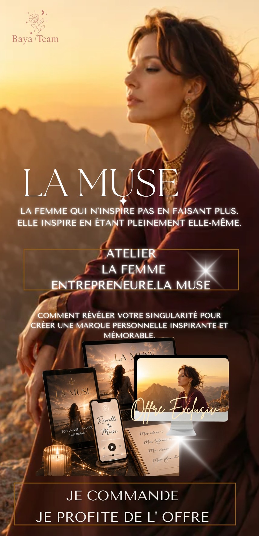Un voyage immersif pour les femmes qui souhaitent retrouver leur identité, leur confiance, leur créativité et leur rayonnement.
Durant cet atelier, nous explorerons :
🌿 Tes racines : ton histoire, tes valeurs et les expériences qui ont forgé ta force.
✨ Tes talents naturels : ce qui te rend unique et ce que les autres reconnaissent spontanément chez toi.
🦋 Ton archétype dominant : la Créatrice, la Visionnaire, la Guérisseuse, la Reine, l'Aventurière ou l'Alchimiste.
🗺️ Ta cartographie intérieure : une exploration guidée de tes ressources, de tes blocages et de ton potentiel.
💫 Ton message et ton rayonnement : apprendre à révéler ta singularité et oser prendre ta place.
Inclus : ✔ Workbook exclusif ✔ Exercices guidés ✔ Carte mentale personnalisée ✔ Temps d'échanges et d'intégration
Parce qu'une Muse ne se crée pas. Elle se révèle.